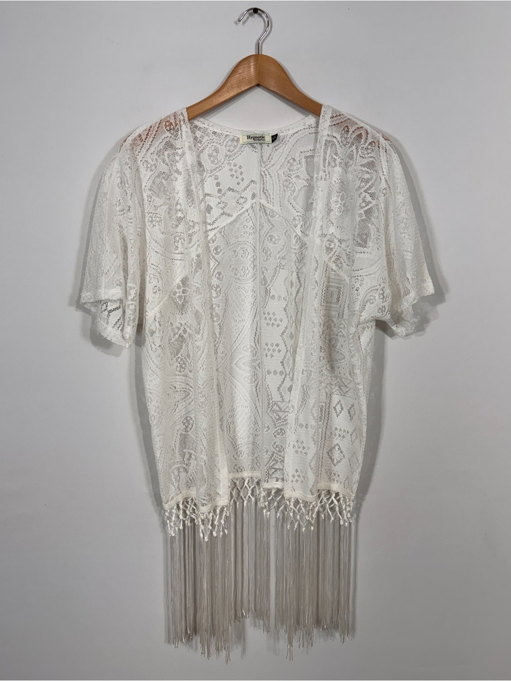 WSH149 {Hypnotic} White Lace Fringe Open Front Short Sleeve Cardigan Cover Up